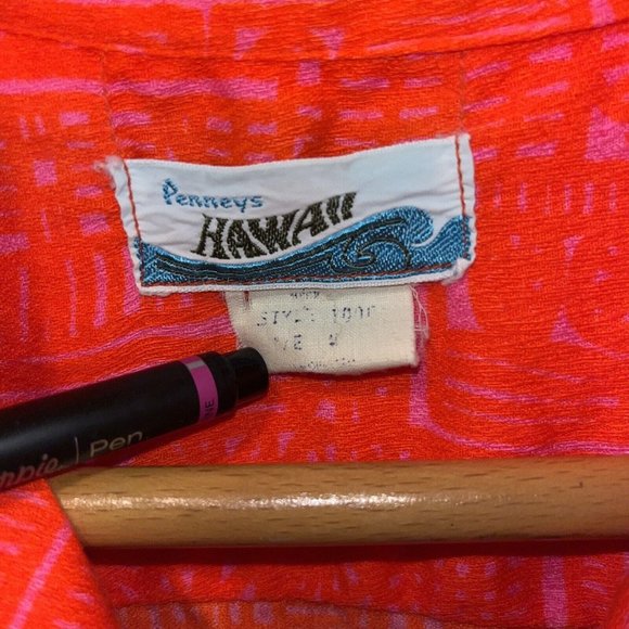 VTG 70’s Pennys Hawaiian Tropical Bright Orange Camp Shirt Sz Medium - Picture 2 of 8